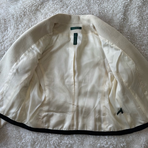 Lauren Ralph Lauren Cream Knit Linen Blazer Black Trim Contrast Size 8 Career - Picture 11 of 12